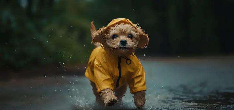 Showing off his doggie rain coat
